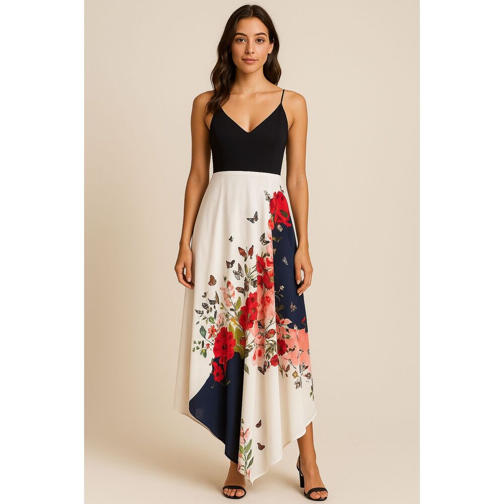 CLOVER CANYON Floral Silk-Like Handkerchief Midi Dress Small